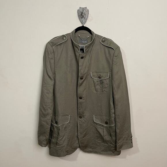 Zara Man 46R utility military blazer jacket olive green white trim linen summer - Picture 1 of 7